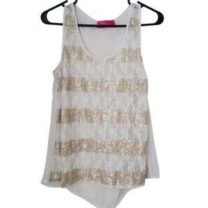 Sequin Sleeveless Striped Tank Top in White and Gold Sheer by Almost Pink SZ:L